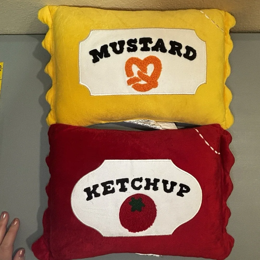 Ketchup And Mustard Packets Pillow Set Fun Food Condiment Home Decor Soft Fuzzy